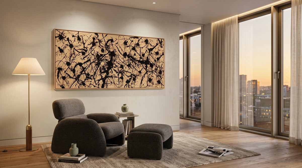 Modern Jackson Pollock style painting with expressive abstract splatter technique