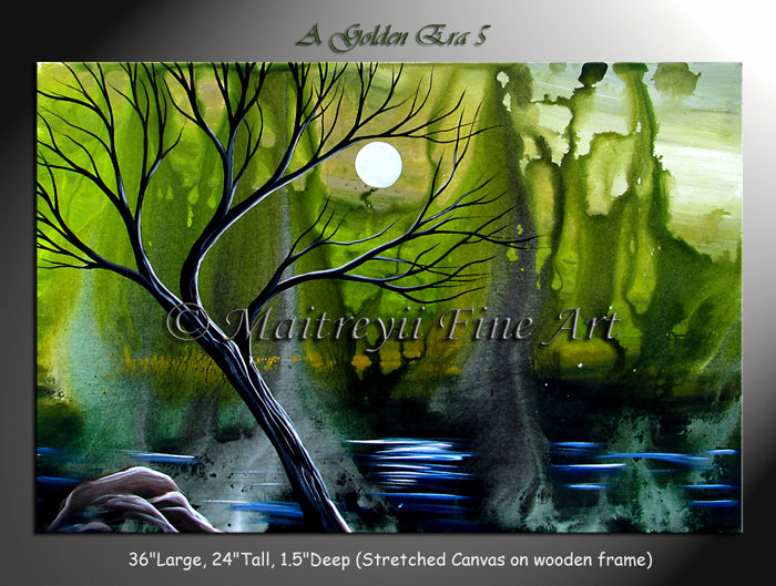 A fine art landscape painting of a gnarled tree by a river under a full moon, rendered in shades of green, yellow, and black,