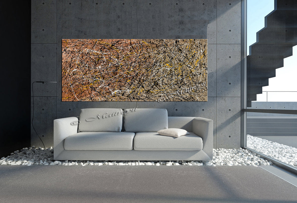 Multicolor splatter abstract canvas above modern sofa