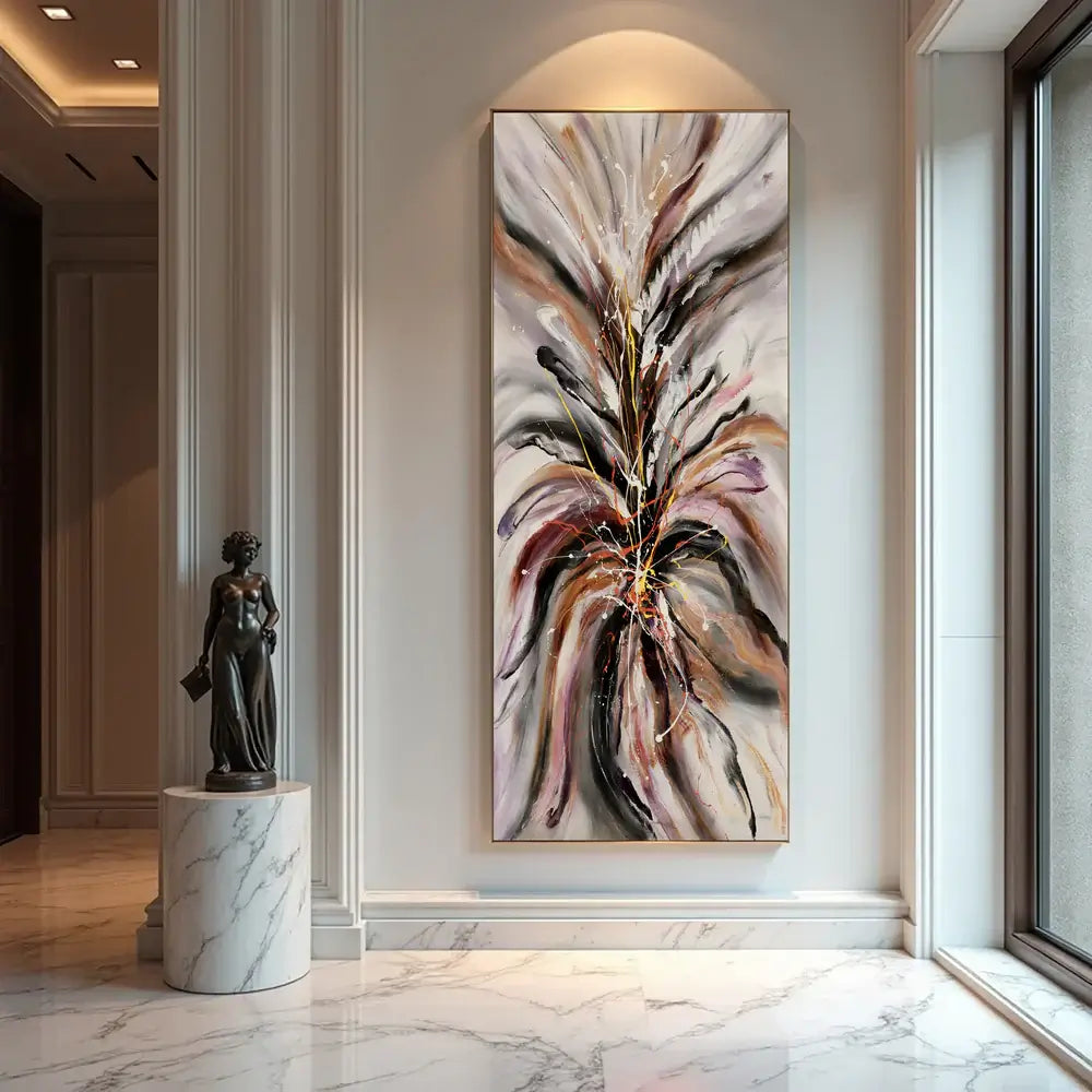 Contemporary Abstract Canvas artwork in a luxury home setting with dynamic colors and textures.