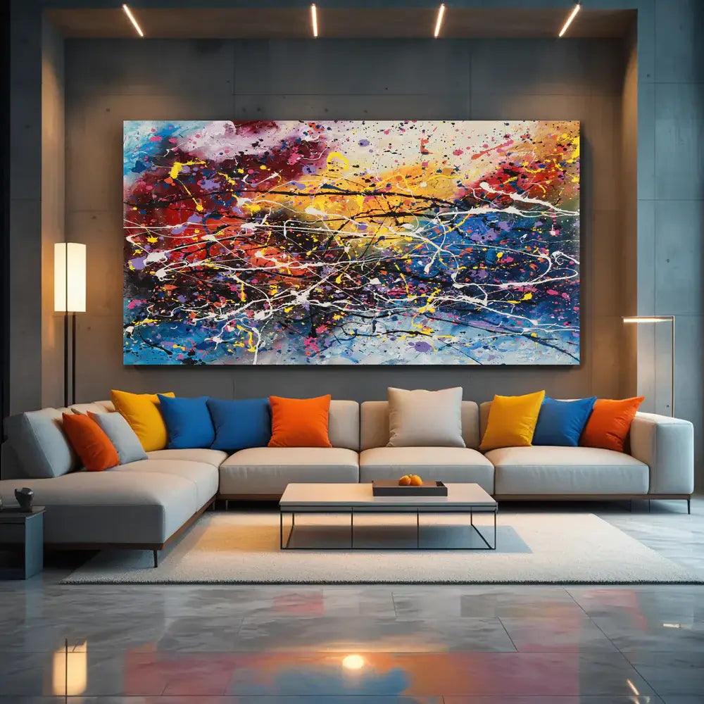 Amazing Abstract Paintings displayed in a modern living room with colorful cushions and stylish decor.