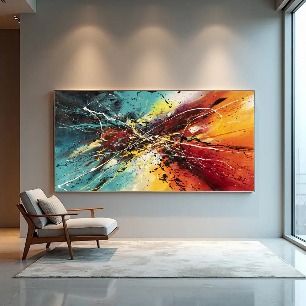 Hand-Painted Abstract Artwork displayed in modern living room, featuring vibrant colors and dynamic brush strokes.