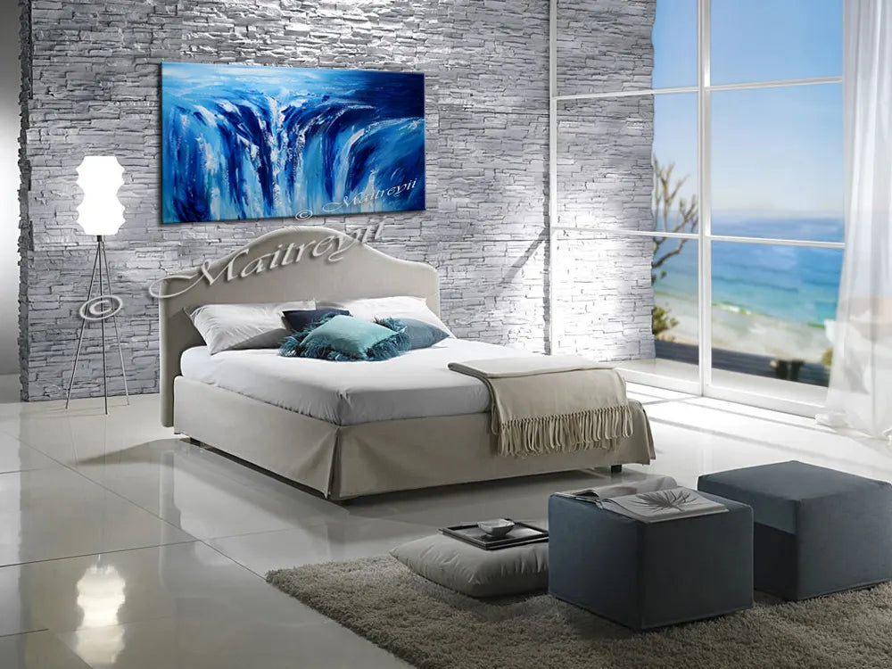 Falls Landscape Wall Art in a modern bedroom decor featuring a serene view of nature and elegant furnishings.