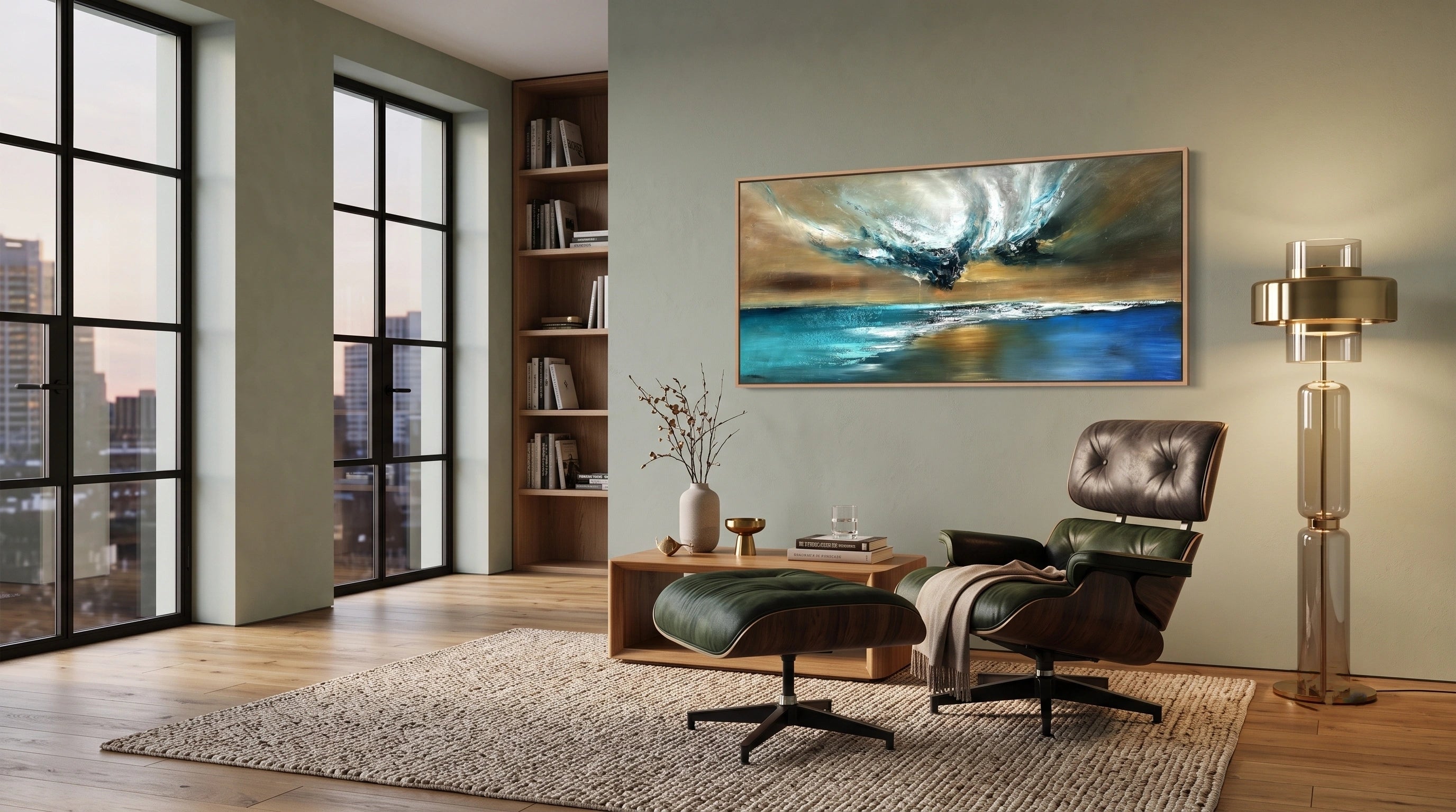 A framed abstract landscape painting hangs on a beige wall in a modern living room setting with a leather lounge chair, ottoman, bookshelves, and large windows.