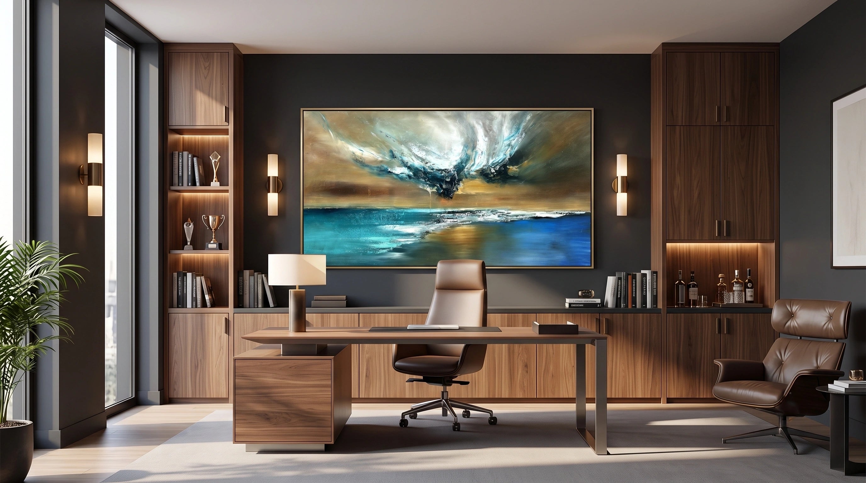 A large framed abstract ocean painting hangs on a dark wall in a modern office setting, featuring dramatic blue, white, and golden tones. The room includes a wooden desk, office chair, shelving, and a leather chair.