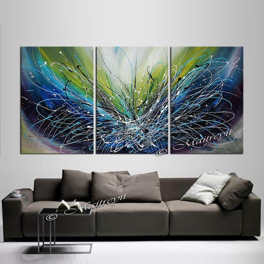 Alt Tag: wall art Jackson Pollock style abstract painting Ocean Sparkle triptych on canvas with blue green splatter strokes
