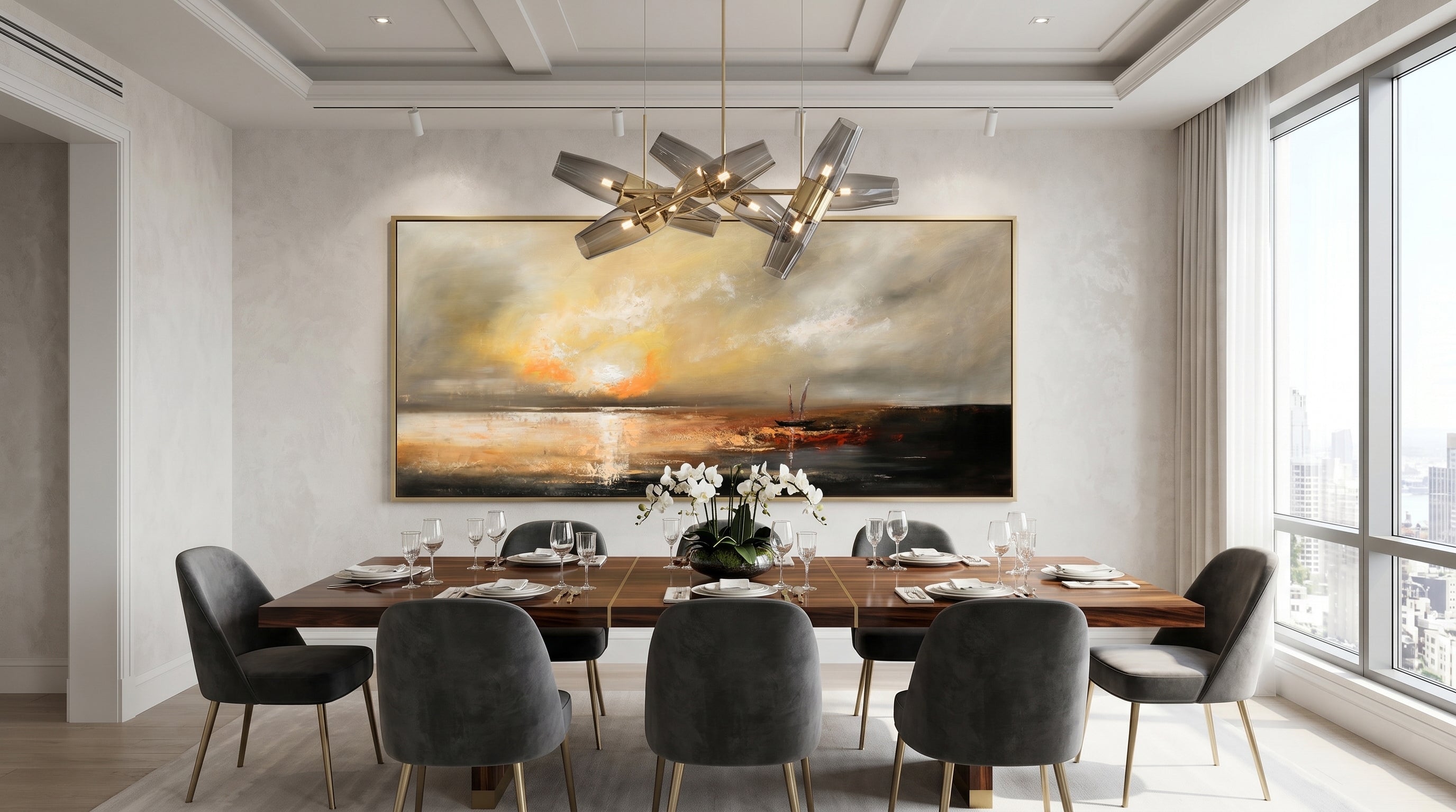 Modern dining room with a large Ocean painting on the wall, wooden table, and gray chairs.
