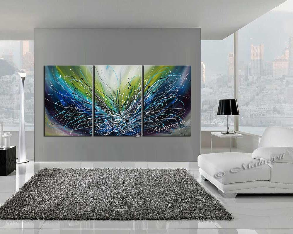 Alt Tag: wall art Ocean Sparkle abstract Jackson Pollock style acrylic painting on canvas triptych in modern living room