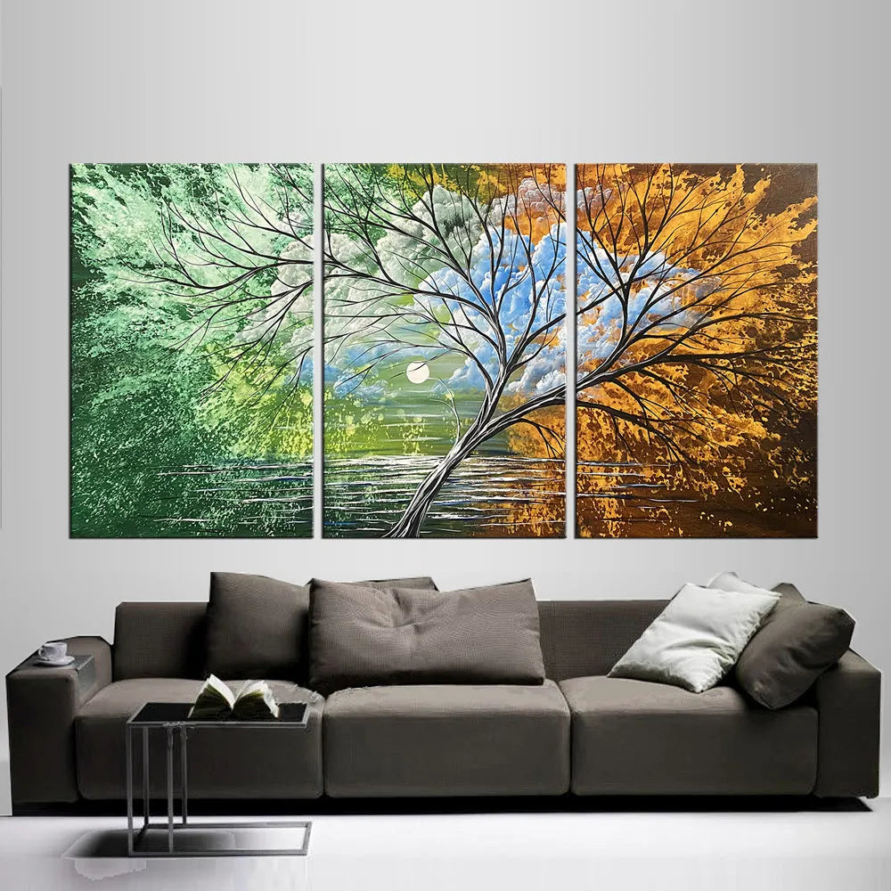 Alt Tag: Landscape Tree Painting Nature Art | Modern Wall Art- Spring Blossom 3 triptych canvas with tree over water, green to gold leaves, living room decor
