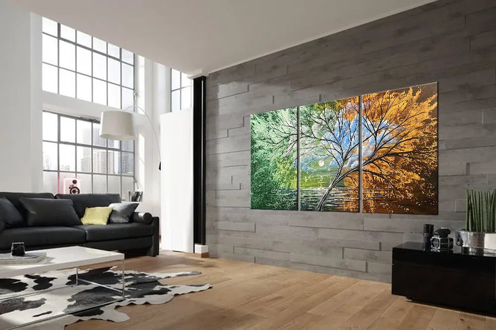 Alt Tag: Landscape Tree Painting Nature Art | Modern Wall Art- Spring Blossom 3 large canvas wall art in modern living room with tree landscape