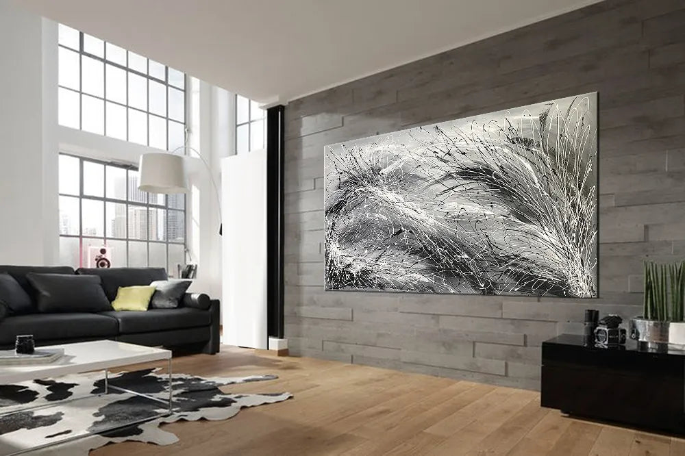 Alt Tag: Abstract Painting Drip Art modern wall art canvas in minimalist living room, large black and white textured abstract painting above sofa