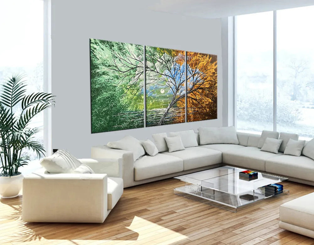 Alt Tag: Landscape Tree Painting Nature Art | Modern Wall Art- Spring Blossom 3 triptych canvas above modern white sofa in bright living room