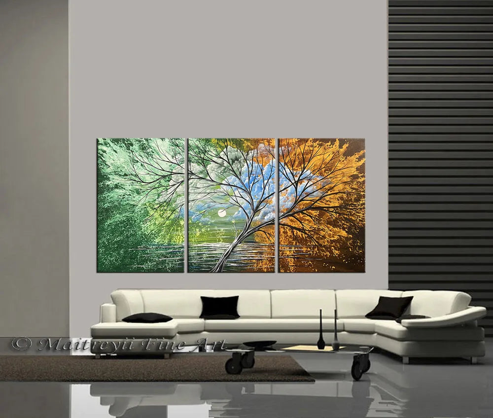 Landscape Tree Painting Nature Art | Modern Wall Art- Spring Blossom 3 triptych canvas, colorful tree landscape above modern living room sofa