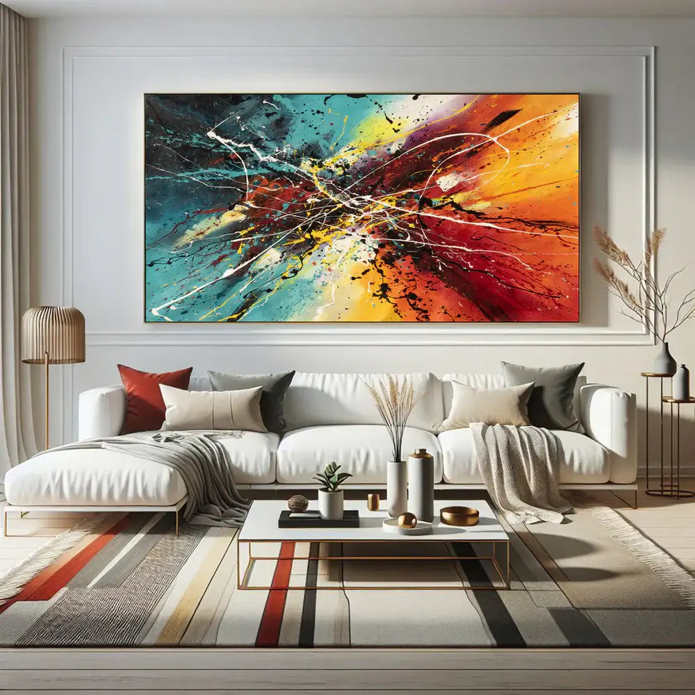 Hand-painted abstract artwork displayed in a modern living room, featuring vibrant colors and dynamic brushstrokes.