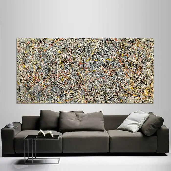 Abstract art canvas painting in modern office space, featuring vibrant colors and dynamic patterns.