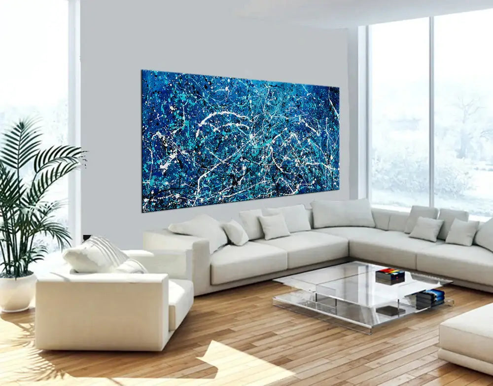 Large Deep Ocean Blue Abstract Drip Painting – Teal Constellation & White Arc Canvas | Vintage Beauty 108