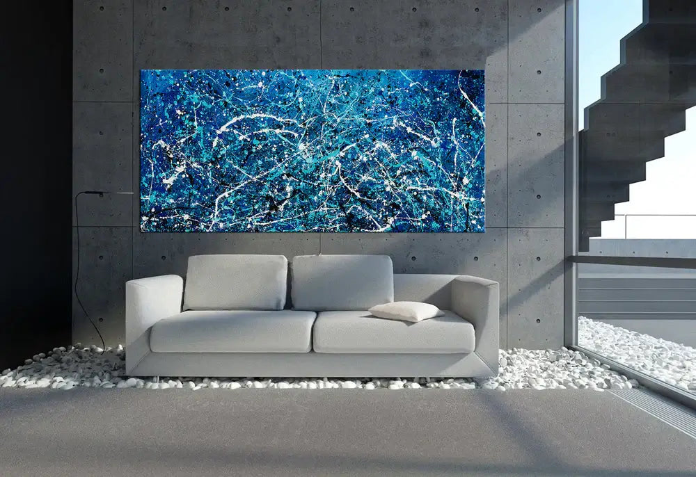 Large Deep Ocean Blue Abstract Drip Painting – Teal Constellation & White Arc Canvas | Vintage Beauty 108