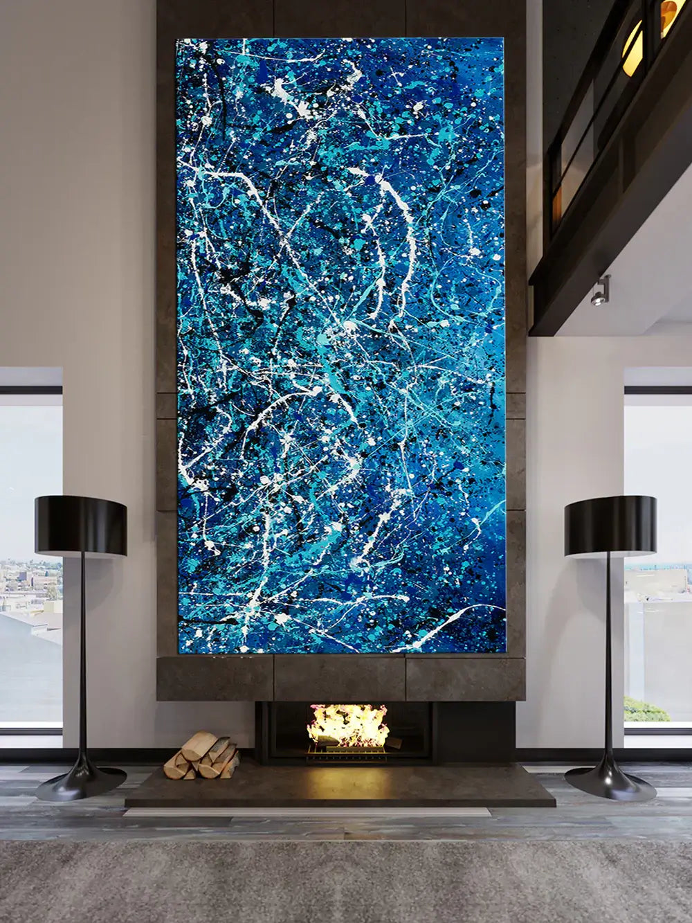 Alt Tag: Florida Wall Art, Blue Painting, Original Artwork - Vintage Beauty 108 large blue abstract canvas with white splatter lines