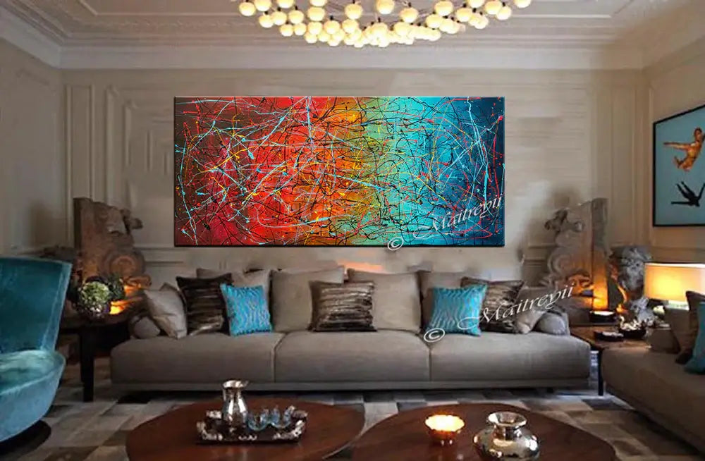 Jackson Pollock Style abstract art piece displayed in a stylish living room setting with modern decor.