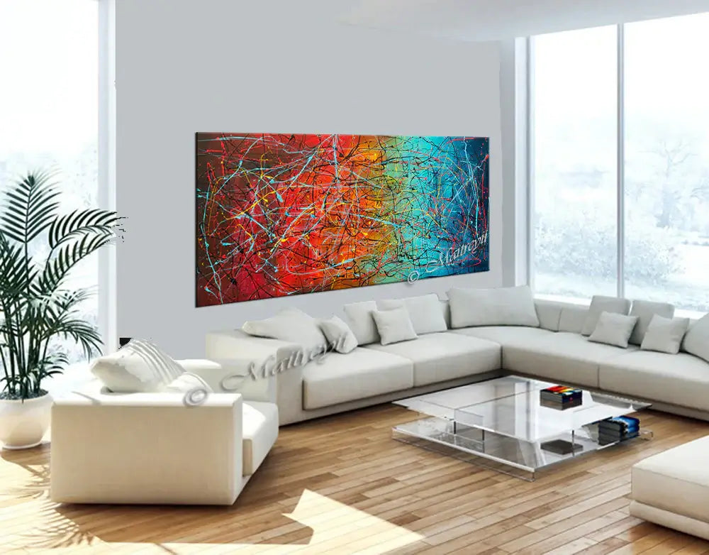 Jackson Pollock Style Abstract Art displayed in a modern living room with bright colors and natural light.