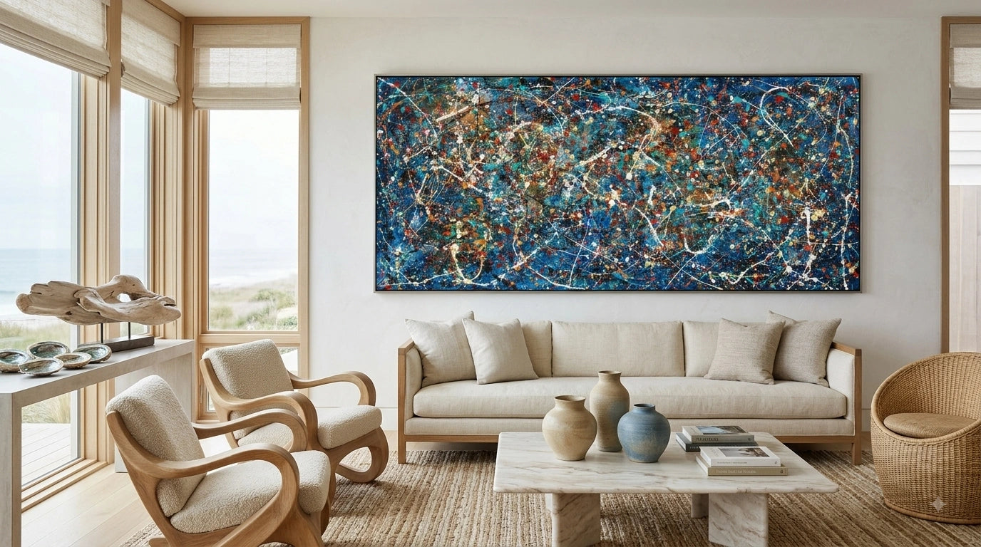 A large abstract canvas painting with blue, gold, and white splatters hangs on a beige wall in a modern, sunlit living room with a cream sofa, wooden chairs, and a coffee table.