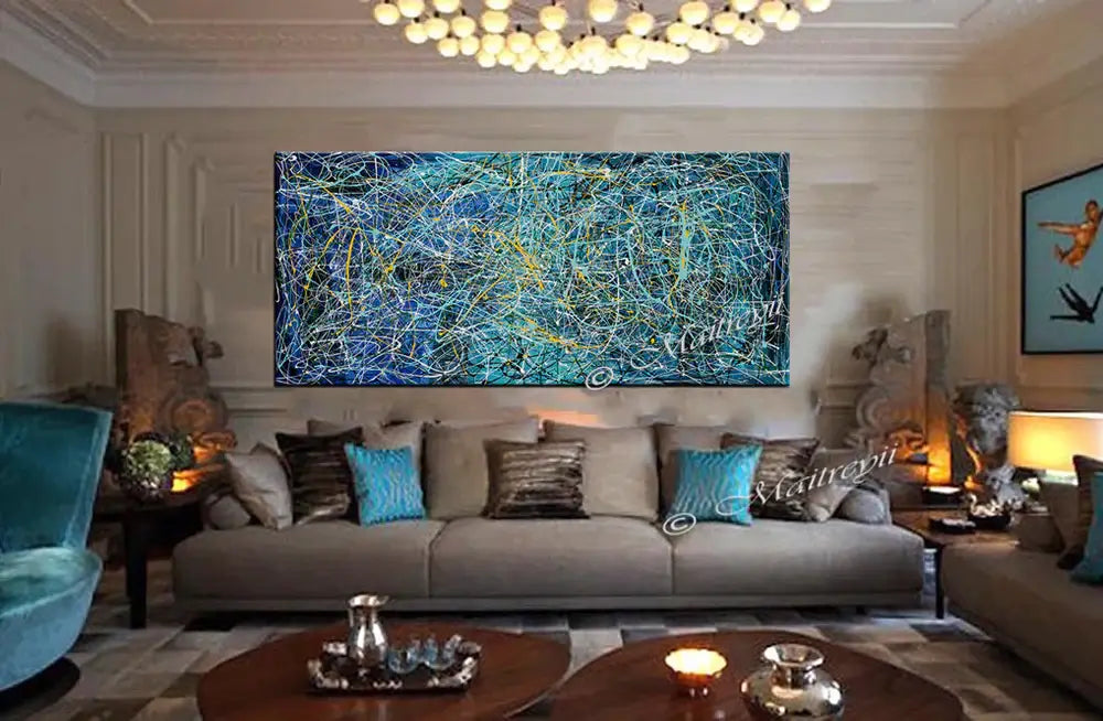 Jackson Pollock Drip Style large oil painting above modern sofa in stylish living room interior.