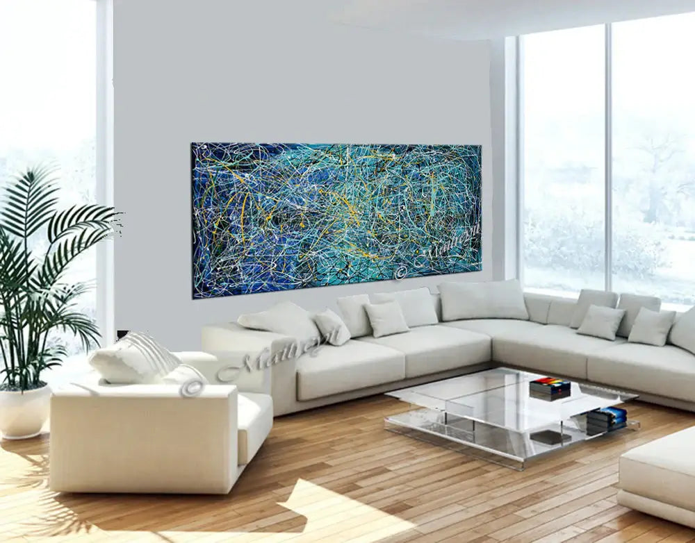 Jackson Pollock Drip Style large oil painting displayed in a modern living room with elegant furniture.