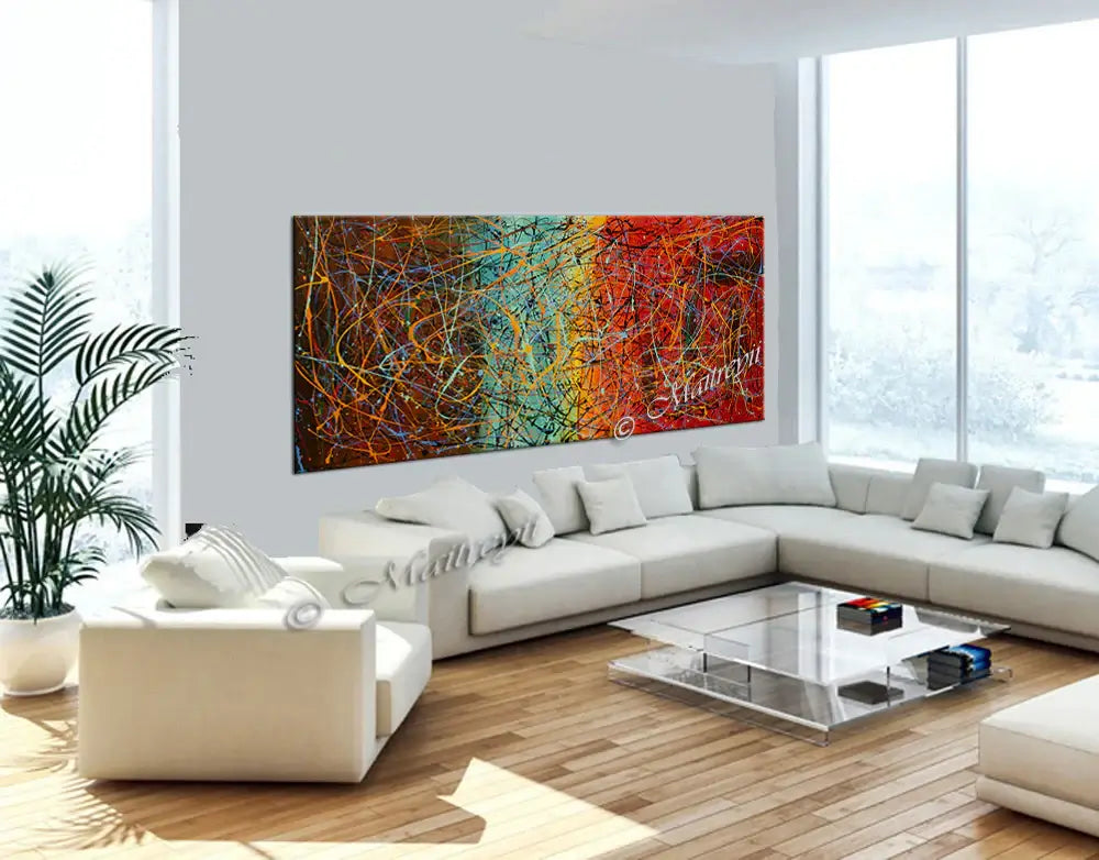 Jackson Pollock Style abstract artwork painting displayed in modern living room design with natural light.