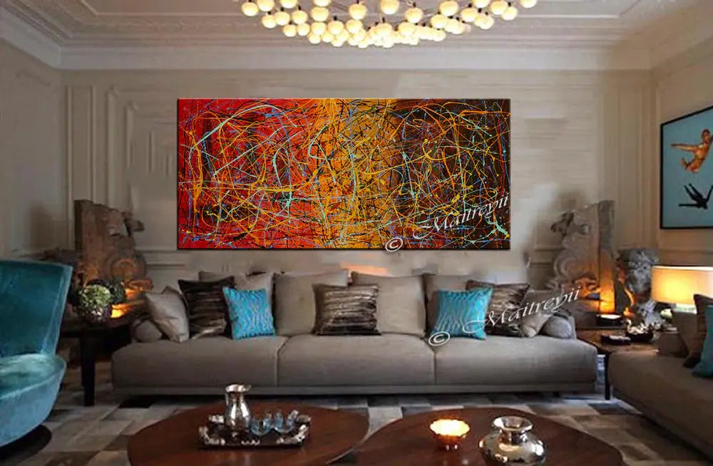Jackson Pollock Style Painting displayed in a modern living room, showcasing vibrant colors and dynamic abstract patterns.