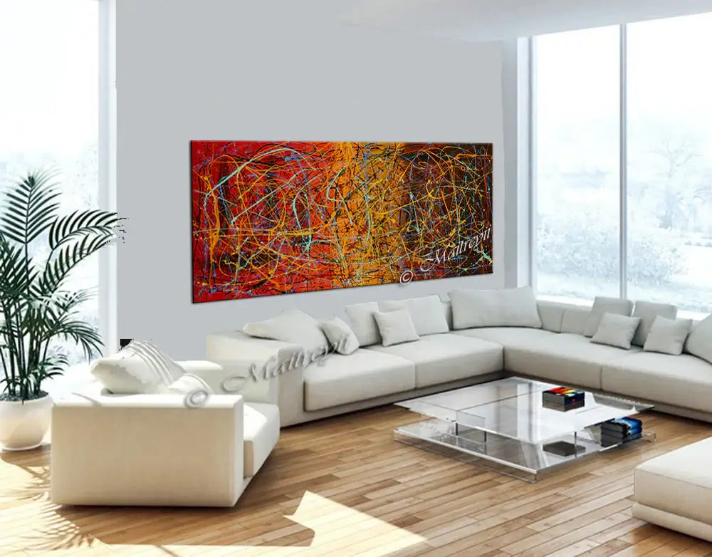Jackson Pollock Style Painting showcased in a modern living room with natural light and contemporary decor.