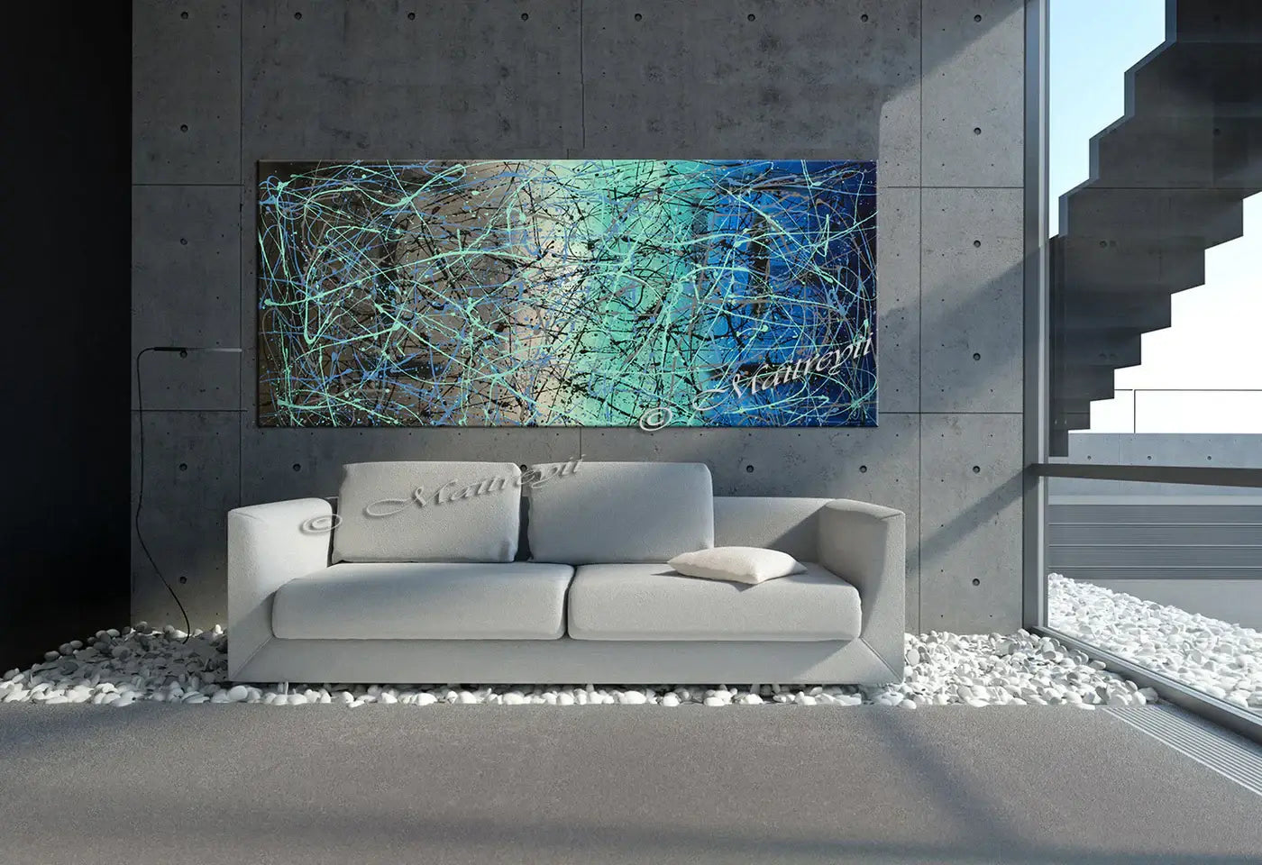 Jackson Pollock Style Painting displayed in a modern living room, showcasing vibrant colors and abstract design.
