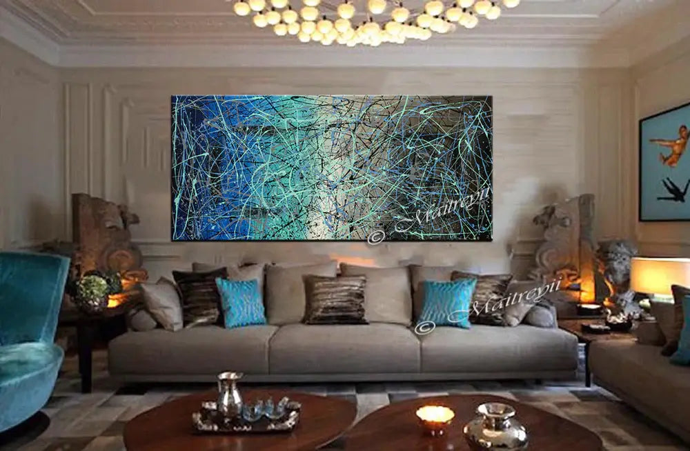 Jackson Pollock Style abstract wall art showcased in a modern living room setting.