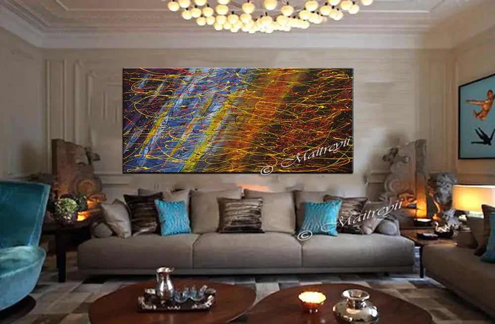 Jackson Pollock Style abstract artwork painting displayed in a stylish living room with vibrant colors and textures.