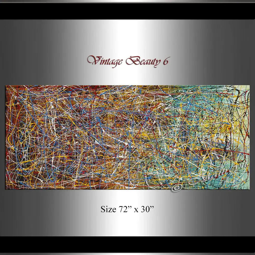 Jackson Pollock Style abstract artwork painting Vintage Beauty 6, vibrant colors and energetic drips, size 72" x 30".