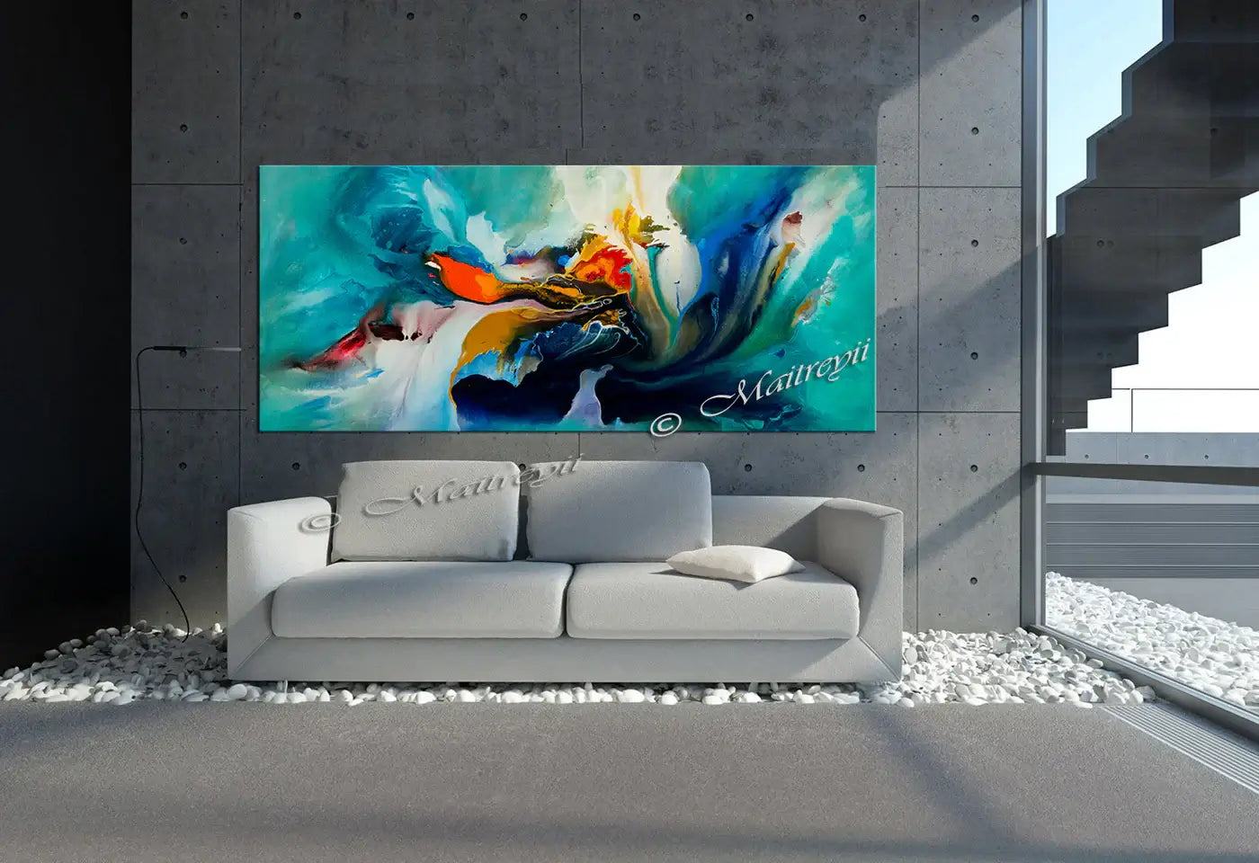 Modern Abstract Painting displayed in a modern living room, enhancing the interior décor with expressive colors and textures.
