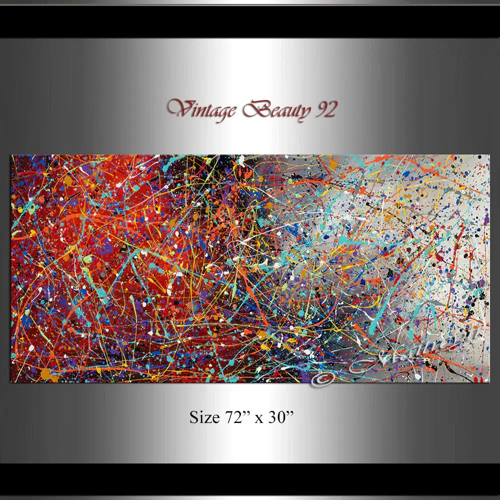 Jackson Pollock Style large painting titled Vintage Beauty 92 showcasing vibrant colors and dynamic drips.