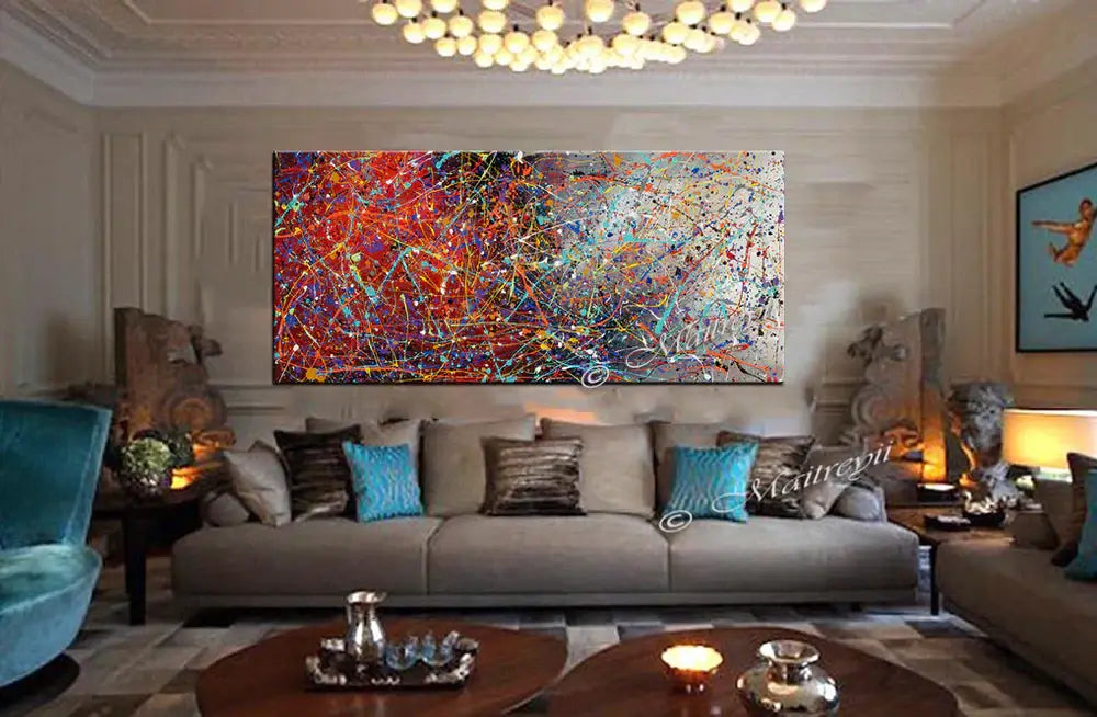 Jackson Pollock Style large painting in a luxury home interior, featuring vibrant colors and expressive abstract art.