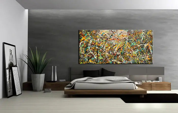 Alt Tag: Painting Art Vintage Style Vintage Beauty 126 Jackson Pollock-inspired abstract wall art canvas in modern bedroom decor
