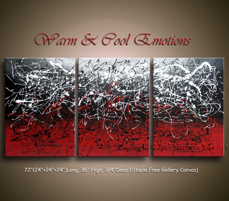 Black and Red Abstract Painting – Extra Large Modern Painting displayed in three-panel format.
