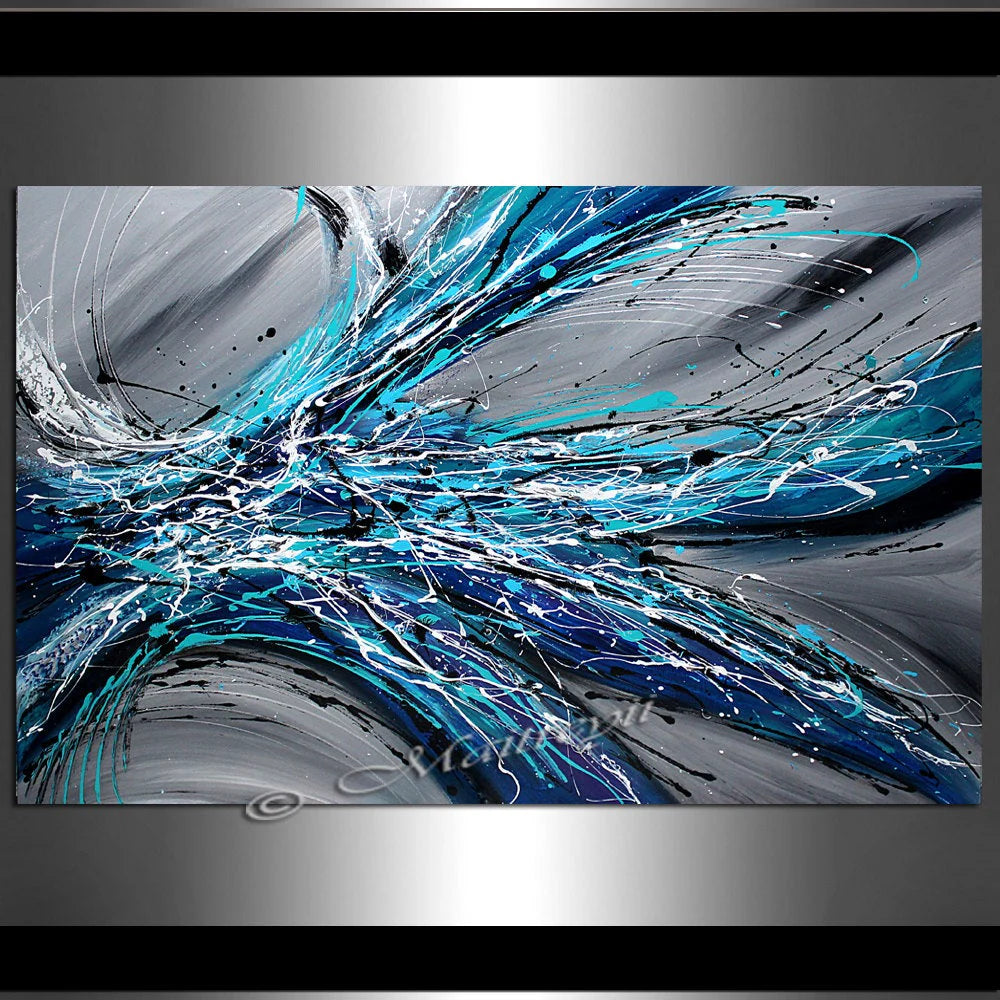 Large Abstract Blue Painting  - Winter Blossom